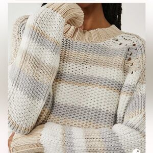 Free People Devon Cropped Sweater Womens Striped Grey White Mock Neck Size XS